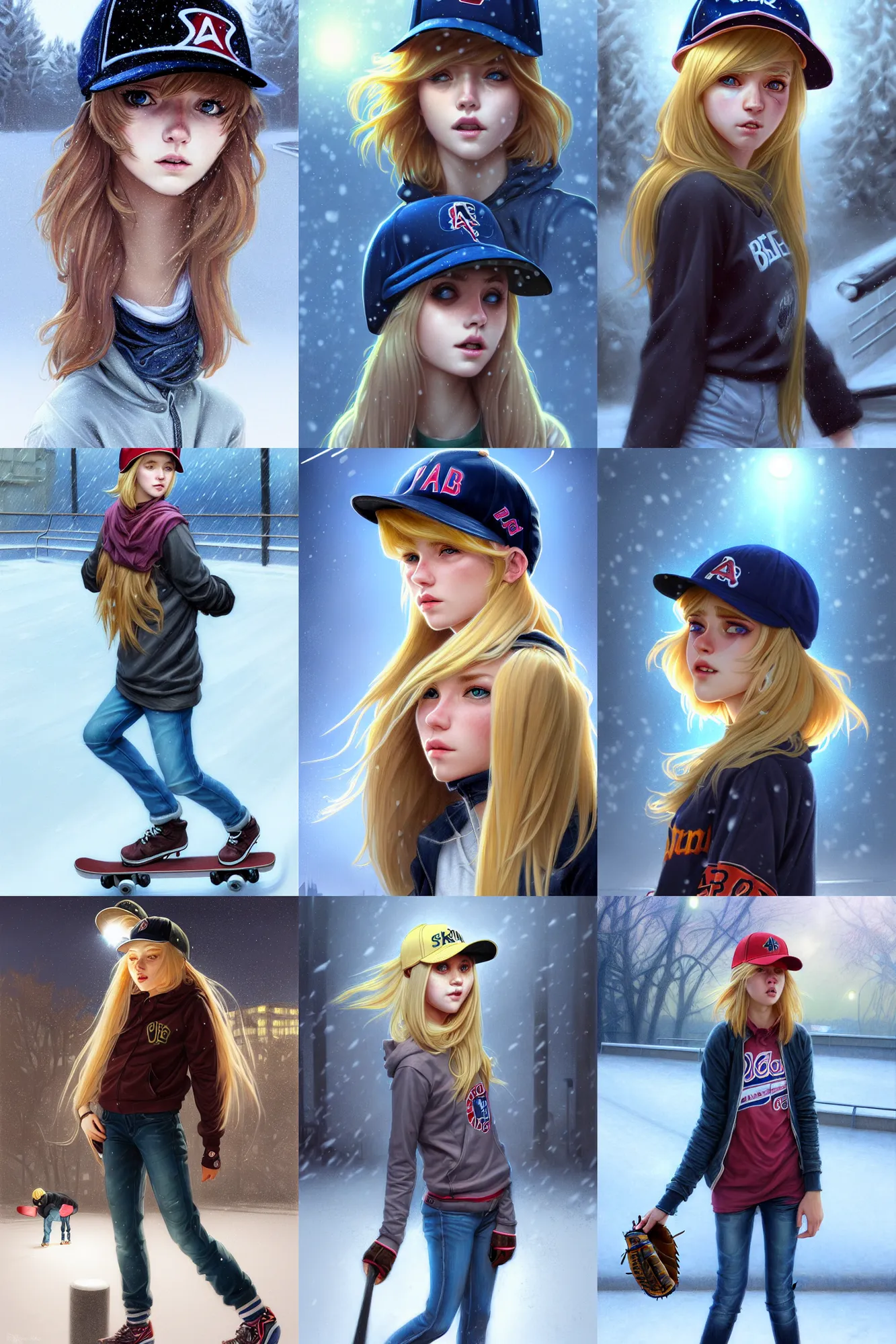 Prompt: blonde skatergirl with fringe hair in baseball cap in the skatepark during winter blizzard night. wide eyes, highly detailed, cinematicm dramatic lighting, smooth concept art, airbrush, by artgerm and greg rutkowski and alphonse mucha and simon stalenhag artstation