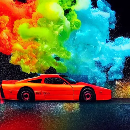Image similar to hyperrealistic explosions of a expensive, colorful sports car, the explosions is made out of colorful particles, the scene is set in a seedy new york of 1 9 8 0 s, the weather is rainy and the street full of puddles, the puddles and buildings are reflecting the explosion