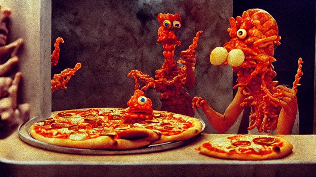 Image similar to the strange pizza creature at the fast food place, film still from the movie directed by denis villeneuve and david cronenberg with art direction by salvador dali and zdzisław beksinski, wide lens