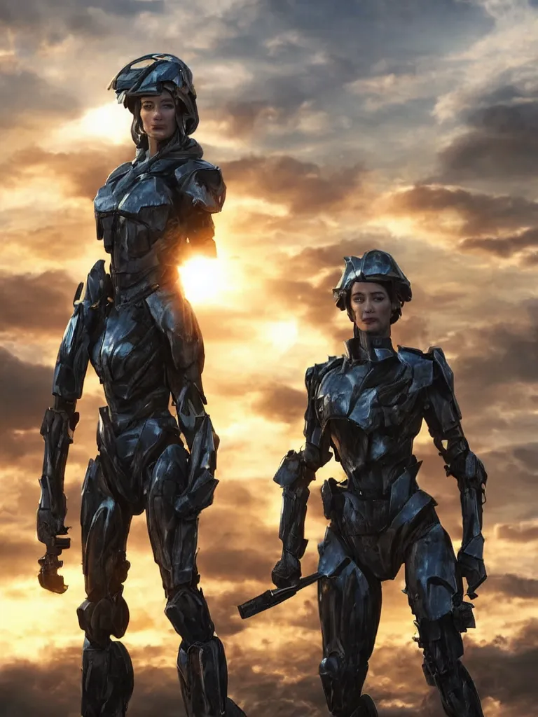 Image similar to emily blunt in futuristic power armor, by herself, holding a sword, standing atop a pile of rubble, sunset and big clouds behind her