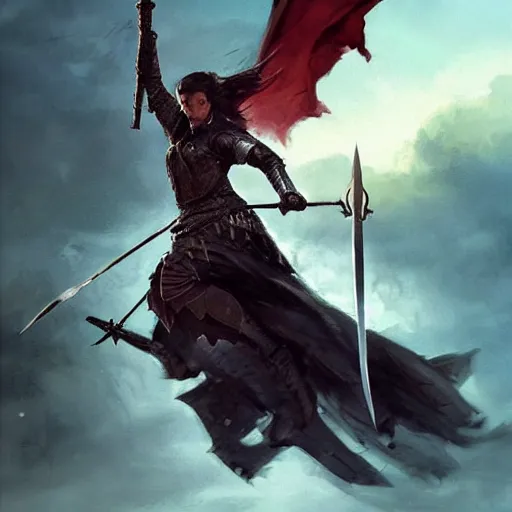 Prompt: emily blunt as a medieval knight, sword plunging into a dragon, shield held high protecting her from its flaming breath, fantasy art by greg rutkowski
