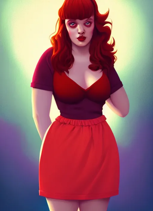 Image similar to full body portrait of teenage cheryl blossom, obese, bangs, green eyes, sultry, realistic, red hair, sultry smirk, wavy hair, pink skirt, fat, intricate, elegant, glowing lights, highly detailed, digital painting, artstation, concept art, smooth, sharp focus, illustration, art by wlop, mars ravelo and greg rutkowski