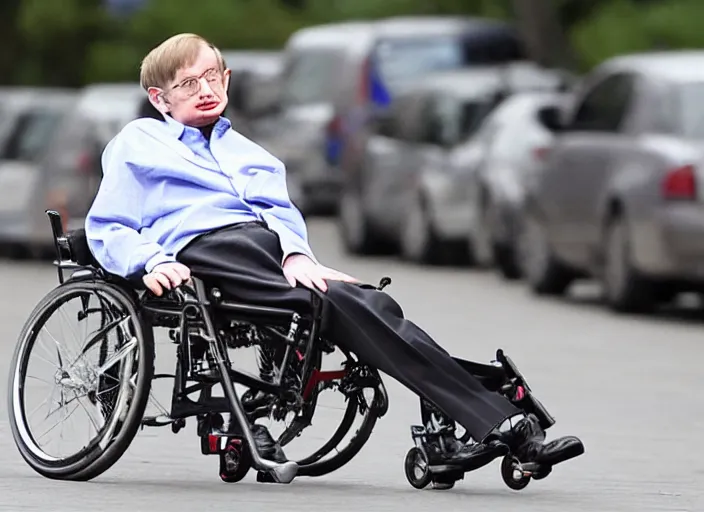 Prompt: stephen hawking is riding a bicycle, editorial footage