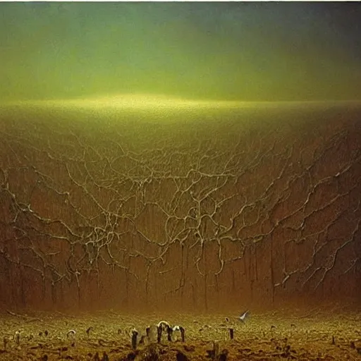 Image similar to a very detailed oil painting of a nightmare landscape scattered with eyeballs and bones, by beksinski, atmospheric, eerie, volumetric light