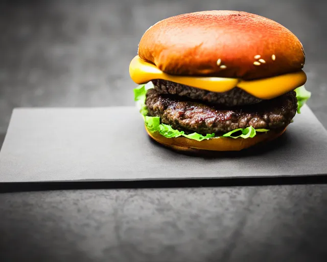 Image similar to big juicy burger, depth of field, food photography, uplight, isometric, studio, bokeh, gmaster, cooking, food, kodak, sony, canon