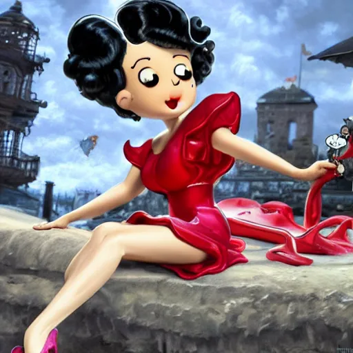 Image similar to betty boop riding snoopy, intricate detail, royo, vallejo, frazetta, giger, whealan, hd, unreal engine,