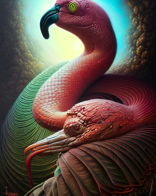 Image similar to a detailed portrait of dreampunk flamingo python hybrid mix by tomasz alen kopera and peter mohrbacher