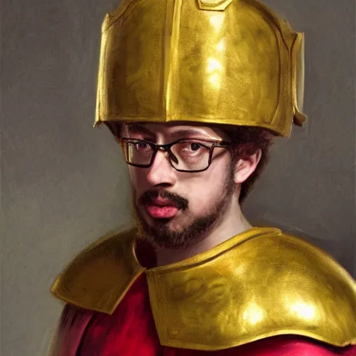 Prompt: Sam Hyde as a Roman warrior wearing gold and red armor, elegant suit, looking at bloody fist, portrait art by Claude Monet, highly detailed, digital painting, concept art, illustration, dim lighting with twilight rays of sunlight, trending on artstation, very detailed, smooth, sharp focus, octane render, close up