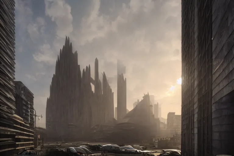 Image similar to streetscape, a towering cathedral of brutalist architecture, buildings covered with greebles, stunning volumetric light, sunset, metal, concrete and translucent material, stunning skies, majestic landscape, trending on Artstation, 8k, photorealistic, hyper detailed, unreal engine 5, IMAX quality, cinematic, epic lighting, in the style of Greg Rutkowski