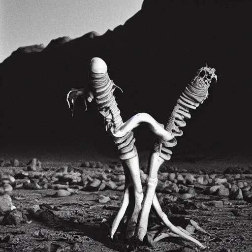 Image similar to in the desert a bloody horrifying The Thing creature made of muscle and bone and blood, mid day, 35mm photography, realistic,