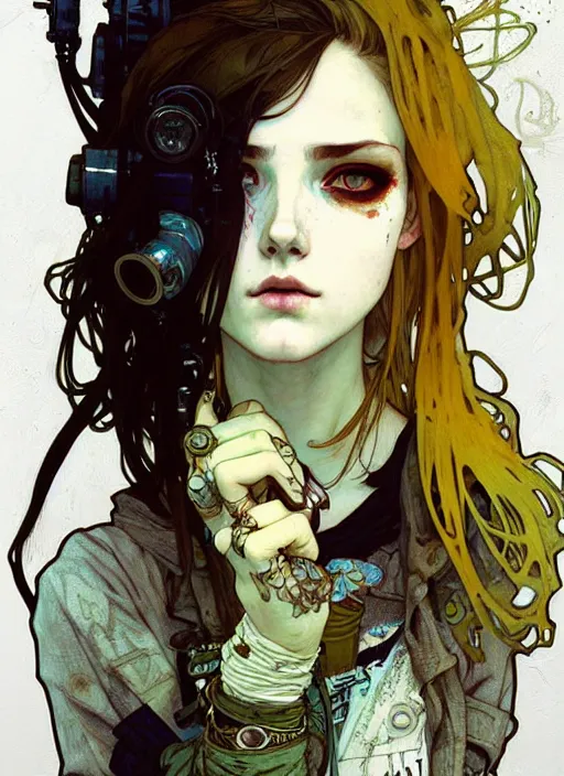 Image similar to highly detailed portrait of a moody sewerpunk young adult lady by krenz cushart, by artem demura, by alphonse mucha, by kaethe butcher, gradient yellow, black, brown and cyan color scheme, grunge aesthetic!!! ( ( graffiti tag city background ) )