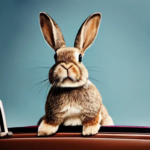 Image similar to bunny riding a convertible, studio photo, high quality