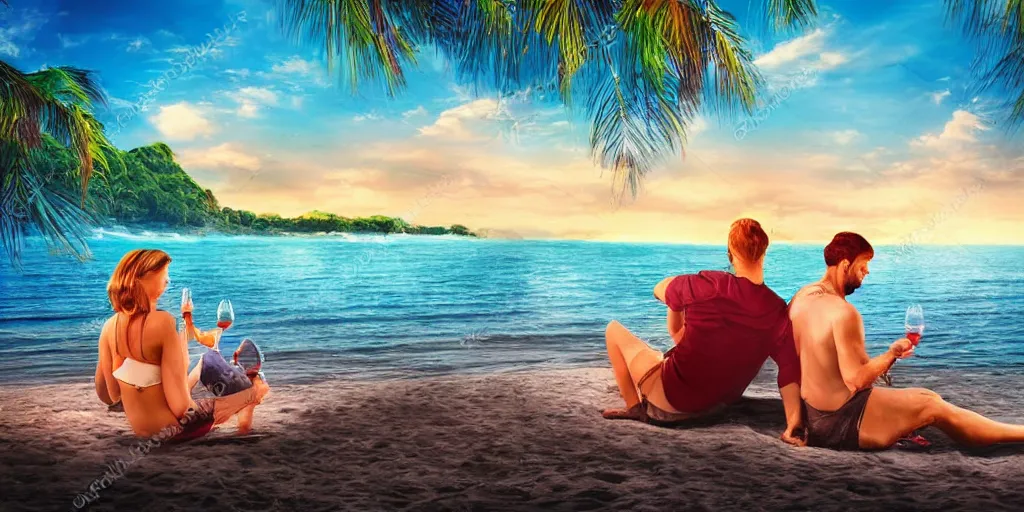 Prompt: one young man and one young woman drinking wine on a beach, beautiful colors, amazing landscape, digital art