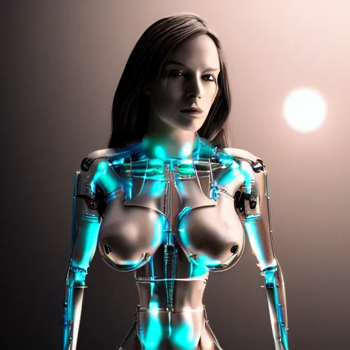 Prompt: Masterpiece full body portrait of a beautiful female cyborg with a beautiful face and flawless skin, parts of her body are made of transparent plastic, symmetrical, surreal H.R. Giger dream landscape, eerie fog, cinematic lighting, 8k