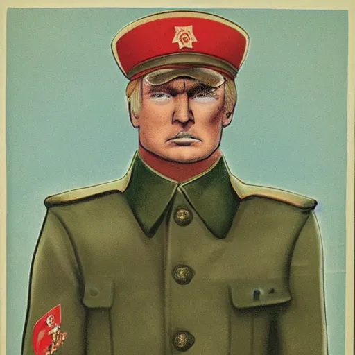 Image similar to ussr propaganda art demonstrating red army soldier looking as donald trump