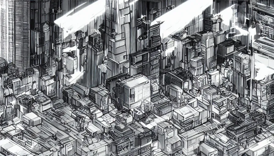 Prompt: Wide angle Concept Art of neo-Tokyo Bank, in the Style of Akira, Anime, Dystopian, Cyberpunk, Crypto Valut, Helicopter Drones, 19XX