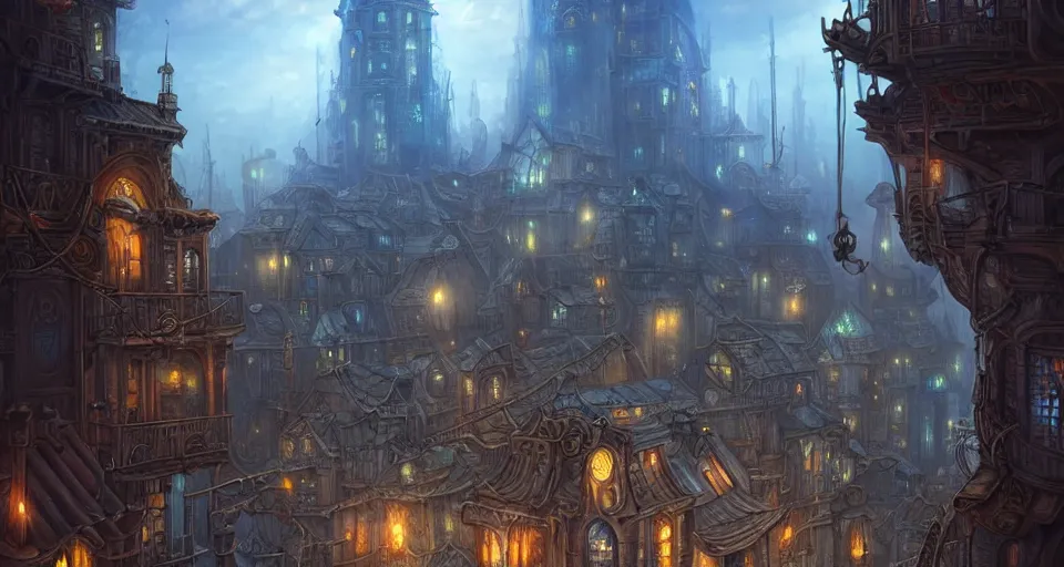 Prompt: landscape painting of fantasy metal steampunk city that has a light blue glow with walkways and lit windows and you can very clearly see a fine detailed hooded thieves in browns leathers climbing one of the tall buildings using a rope, fine details, magali villeneuve, artgerm, rutkowski