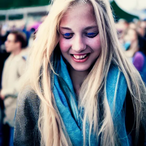 Image similar to ultra high resolution close - up of a very beautiful young woman with blond long hair, making up, standing in crowd of music festival, looking down at the camera. her face is partially obscured by a purple scarf, and she has a lovely smiling expression. the light is dim, and the colours are muted. kodak etkar 1 0 0.