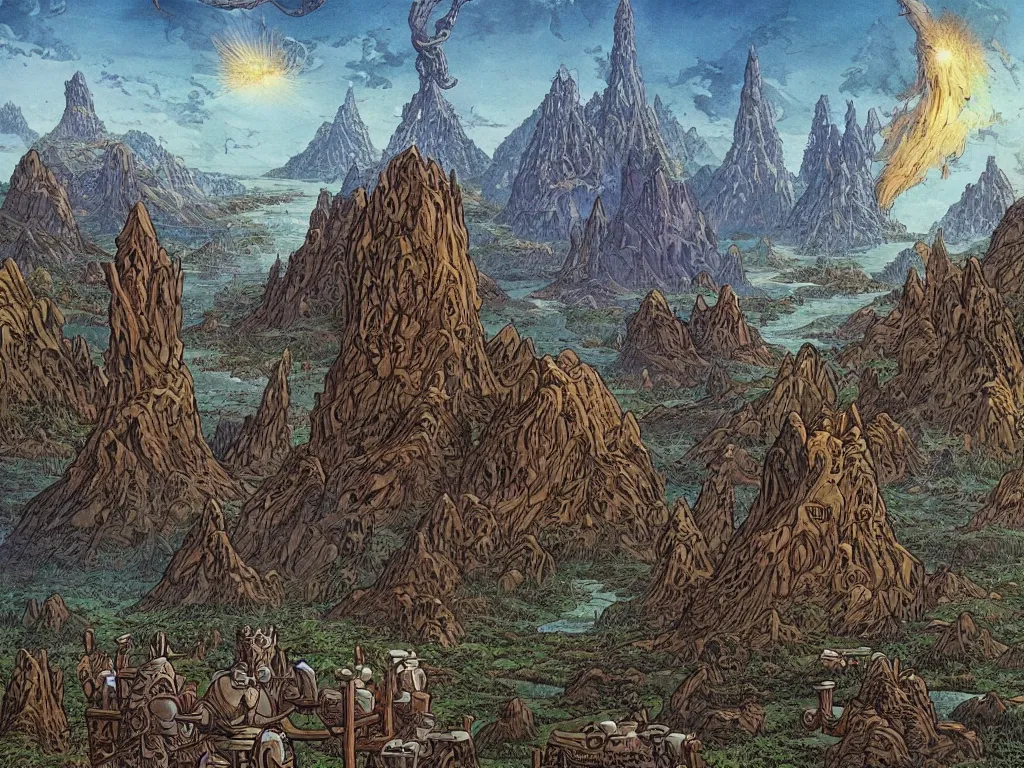 Image similar to fantasy landscape made by moebius with a 8 eyed humanoid god dealing cards over a medieval field