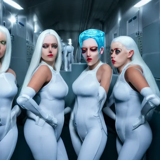 Image similar to troop of freak show women with white hair, white hair, tight light blue neopren suits, futuristic production facility, sci - fi, highly detailed, cinematic