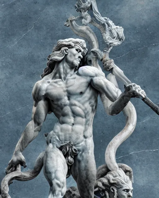 Image similar to an old marble statue of a hydra from herculean myths, hyper realistic, 4 k, grainy marble, hyper detailed