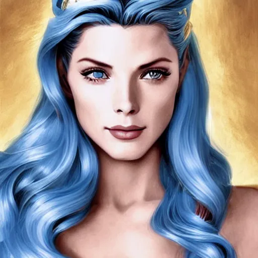 Image similar to A combination of Grace Kelly's and Katheryn Winnick's and Ashley Greene's faces with blue hair as She-Ra, western, D&D, fantasy, intricate, elegant, highly detailed, digital painting, artstation, concept art, matte, sharp focus, illustration, art by Artgerm and Greg Rutkowski and Alphonse Mucha