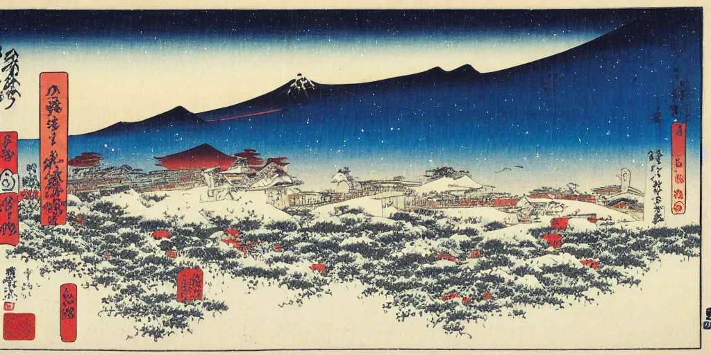 Image similar to snow field scenery at night, snowy and windy, with some tombs and blood in the front, by hiroshige utakawa, ukiyoe