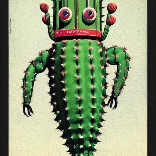 Prompt: full body shot shot of a 1950s retro Cactus robot, with space above the head. full body. Bionic cacti Arms and eyes. pop surrealism, poster art, muted colours. by Jean-Baptiste Monge, wide shot