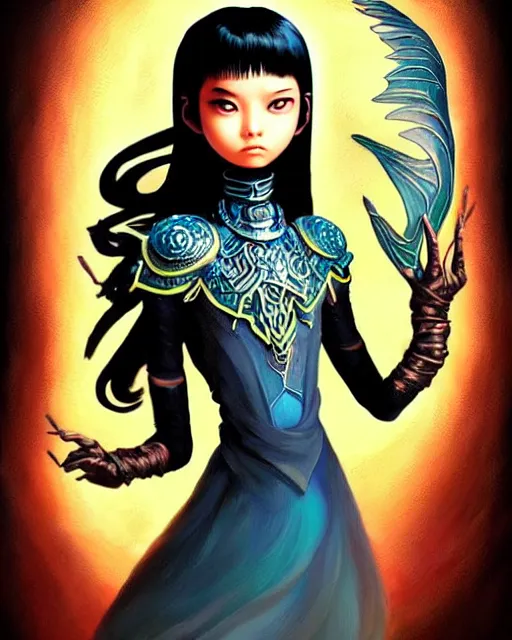 Image similar to an epic fantasy comic book style painting of a young malaysian woman, flying ice magician, lace, expressive, cold palette, dark piercing eyes, tan skin, beautiful futuristic hair style, awesome pose, character design by mark ryden pixar hayao miyazaki, ue 5