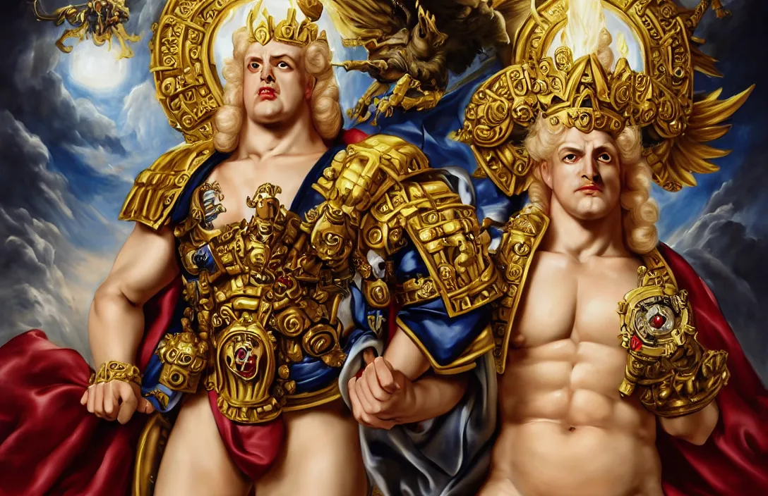 Prompt: a pinup poster of the emperor from warhammer 40k by Peter Paul Rubens and Sakimichan, porcelain white skin, bare chest silk robes, voluptuous male, long luxurious light blond hair, long straight golden blond hair, very very long blond hair, depicted as the greek sun god Apollo, clear sharp focus, 4K, artstation