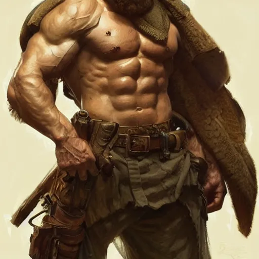 Image similar to portrait of a rugged ranger, muscular, upper body, blood, D&D, fantasy, intricate, elegant, highly detailed, digital painting, artstation, concept art, smooth, sharp focus, illustration, art by artgerm and greg rutkowski and alphonse mucha