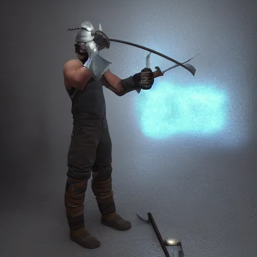 Image similar to Blacksmith creates new element with hammer, arnold render, ultrarealistic, bloom, mythic
