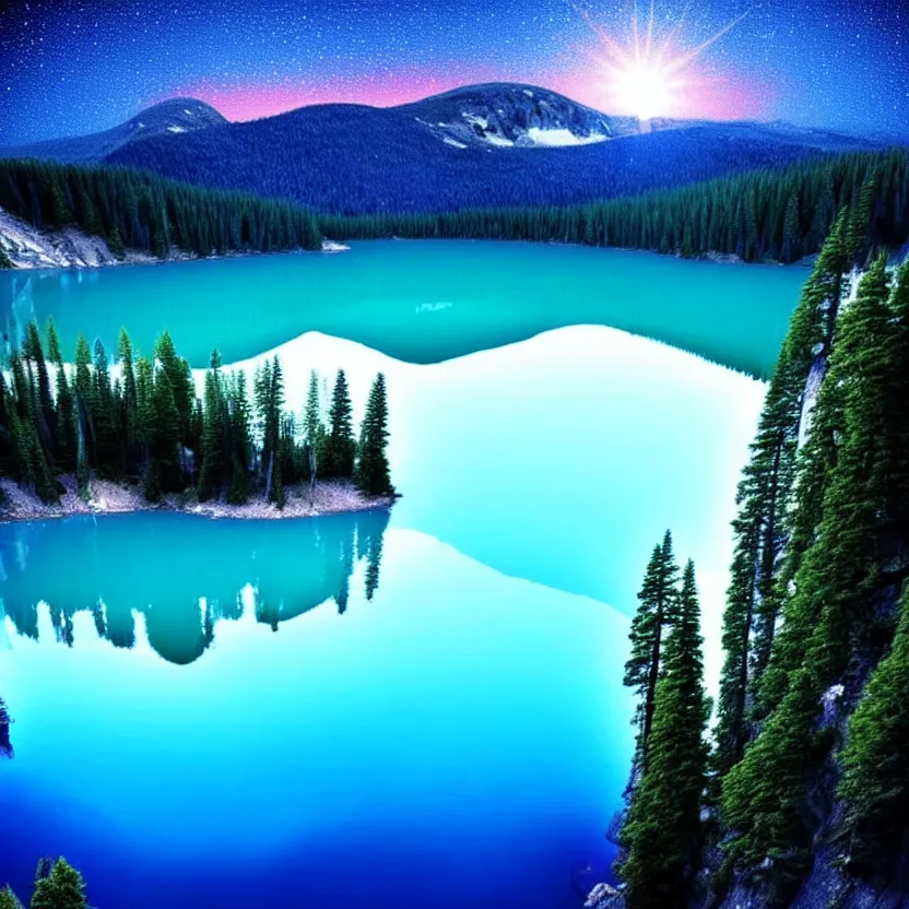 Image similar to a bright blue lake, above the lake is a glowing spirit, the spirit is illuminating a small boat in which there is a crying man, it's night time, the lake is surrounded by giant sequoias, in the sky is a comet, spiritual, magical, supernatural, digital art