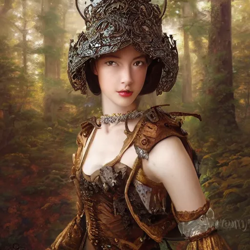 Prompt: A masterpiece ultrarealistic ultradetailed portrait of a Incredibly beautiful princess with Royal Tevton Knight Full Iron Helmet. baroque renaissance girl in the forest. medium shot, intricate, elegant, highly detailed. trending on artstation, digital art, by Stanley Artgerm Lau, WLOP, Rossdraws, James Jean, Andrei Riabovitchev, Marc Simonetti, Yoshitaka Amano. background by James Jean and Gustav Klimt, light by Julie Bell, 4k, porcelain skin.