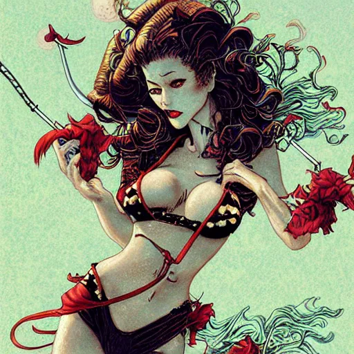 Image similar to closeup of attractive bikini vampire smoking a cigarette, by yoichi hatakenaka, masamune shirow, josan gonzales and dan mumford, ayami kojima, takato yamamoto, barclay shaw, karol bak