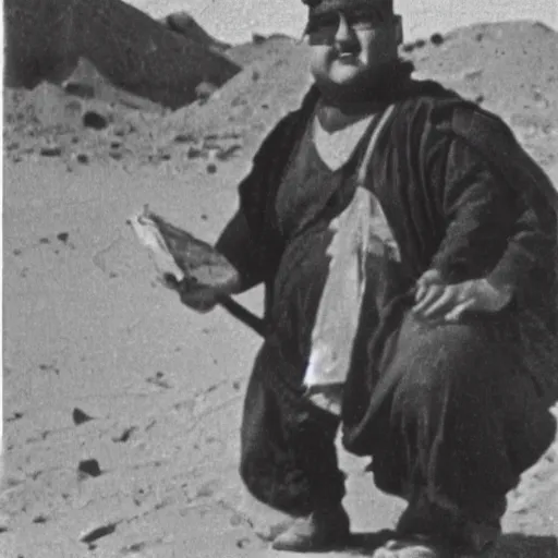 Prompt: peter griffin in the deserts of iraq, amongst other people, black and white, early 1 9 0 0 s photograph