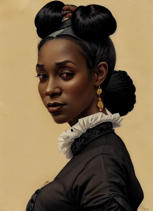 Image similar to a portrait of a young black woman with a crooked nose in victorian clothing, confident pose, intricate, elegant, sharp focus, illustration, highly detailed, concept art, matte, trending on artstation, anime, art by james jean and artgerm and brian despain and alberto mielgo, greg rutkowski, wlop, ilya kuvshinov, strong strokes