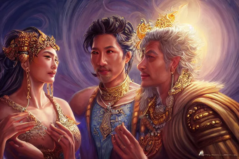 Image similar to close up moment of a divine a sun god and a moon goddess lovers magician at a wedding banquet, highly detailed, d & d, fantasy, highly detailed, digital painting, trending on artstation, concept art, sharp focus, asian feature, illustration, art by artgerm and daniel gerhartz and magali villeneuve