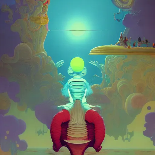 Prompt: colourful breathtakingly weird beautiful powerful magical wonderfully majestic beautifully cool character by michael whelan and moebius and beeple and dan mcpharlin and pascal blanche and jamie hewlett and richard dadd, symmetrical, magical stormy reflections, smoke on water, 8 k artstation