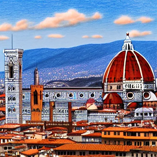 Prompt: Colored Pencil drawing, Florence skyline, octane render, highly detailed