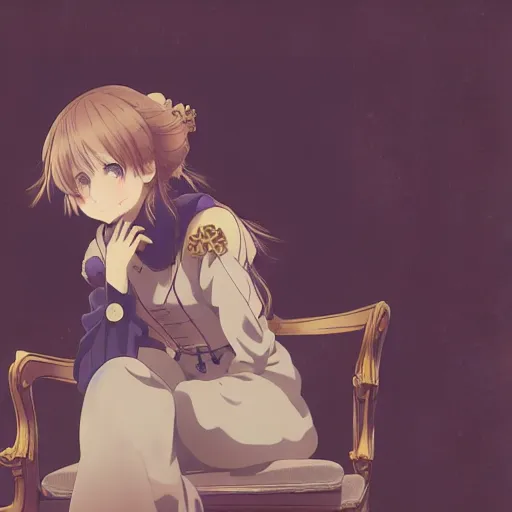 Image similar to a character portrait of violet evergarden, sitting down on a chair in a victorian home background, style of kyoto animations, trending on pixiv, anime, high detail, character accurate