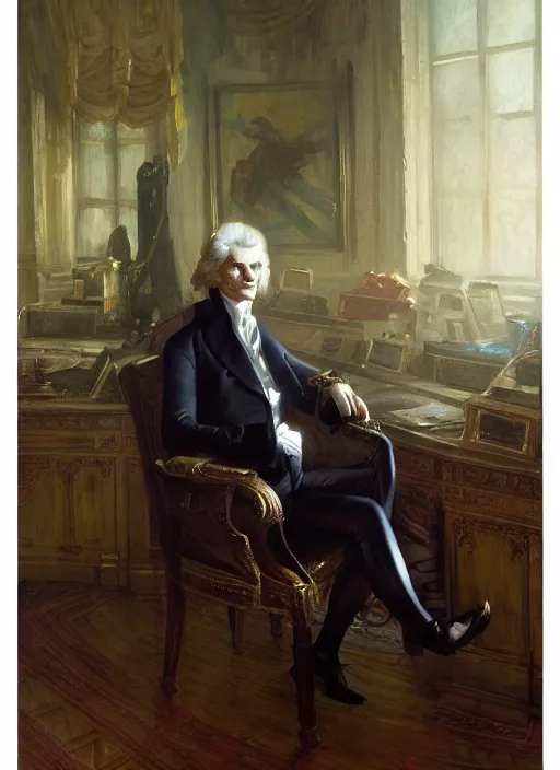 Prompt: a portrait of thomas jefferson in the oval office, cyberpunk, detailed by gaston bussiere, bayard wu, maxim verehin, greg rutkowski, masterpiece, sharp focus, cinematic lightning