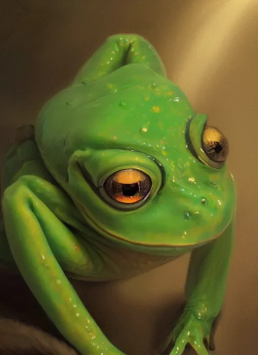 Image similar to hyper realistic portrait of my ethereal waifu cute innocent green slimy alien female froggy lady, played by ana de armas, with adorable uwu eyes painted by greg rutkowski, wlop, 7 0 s scifi