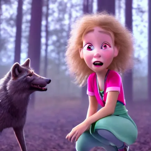 Prompt: young seven year old girl, blond hair green eyes, rinding a gray wolf, in a dark forest, still from a pixar disney movie