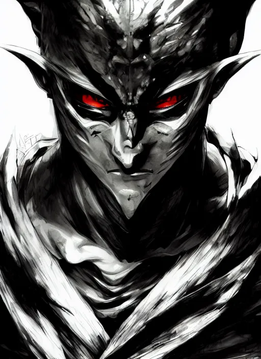 Image similar to Half body portrait of a menacing shinobi elf in scary mask In style of Yoji Shinkawa and Hyung-tae Kim, trending on ArtStation, dark fantasy, great composition, concept art, highly detailed, dynamic pose.