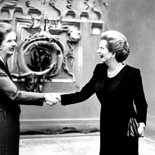 Prompt: Margaret Thatcher shaking hands with Satan in the depths of hell, ultra detailed, ultra intricate, cinematic, 8k,