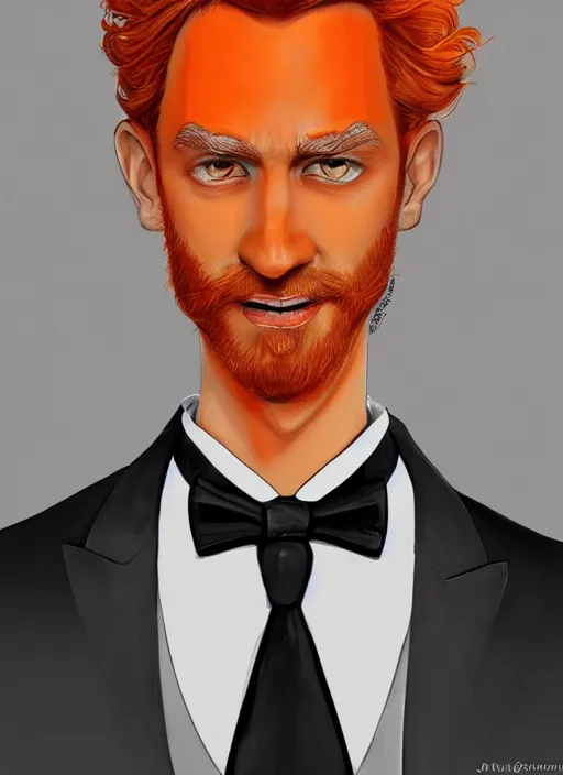 Prompt: illustration drawing of a mid range curly orange hair man with tuxedo as a portrait, masterpiece artwork, ultra detailed, artgerm, style by pixar, digital art, trending on artstation, behance, deviantart