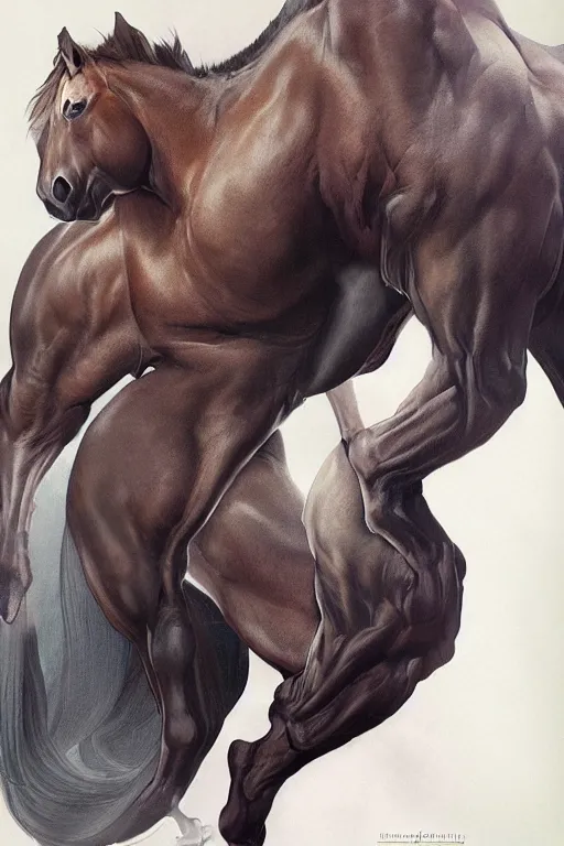 Image similar to portrait of hulking anthro horse whose physique is bursting with muscle, leather catsuit, test subject, monstrous, full body, sci - fi, highly detailed, digital painting, artstation, concept art, sharp focus, illustration, art by artgerm and greg rutkowski and alphonse mucha