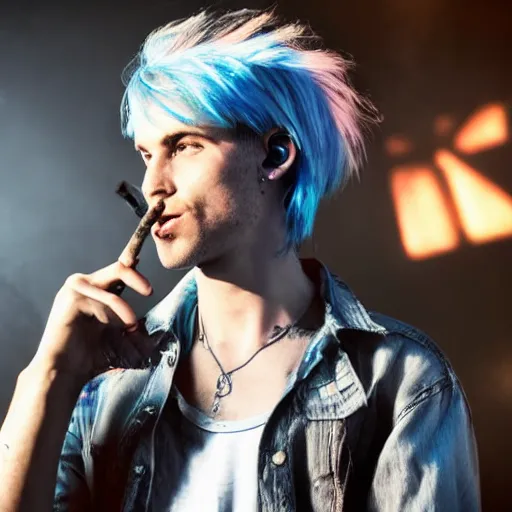 Prompt: a skinny white male singer with medium-length messy blue hair smoking a cigarette