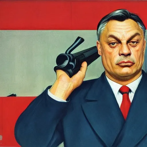 Image similar to highly detailed propaganda poster portrait of the leader of fascist hungary, viktor orban looking into the distance, oil pipes in the background, by edward hopper